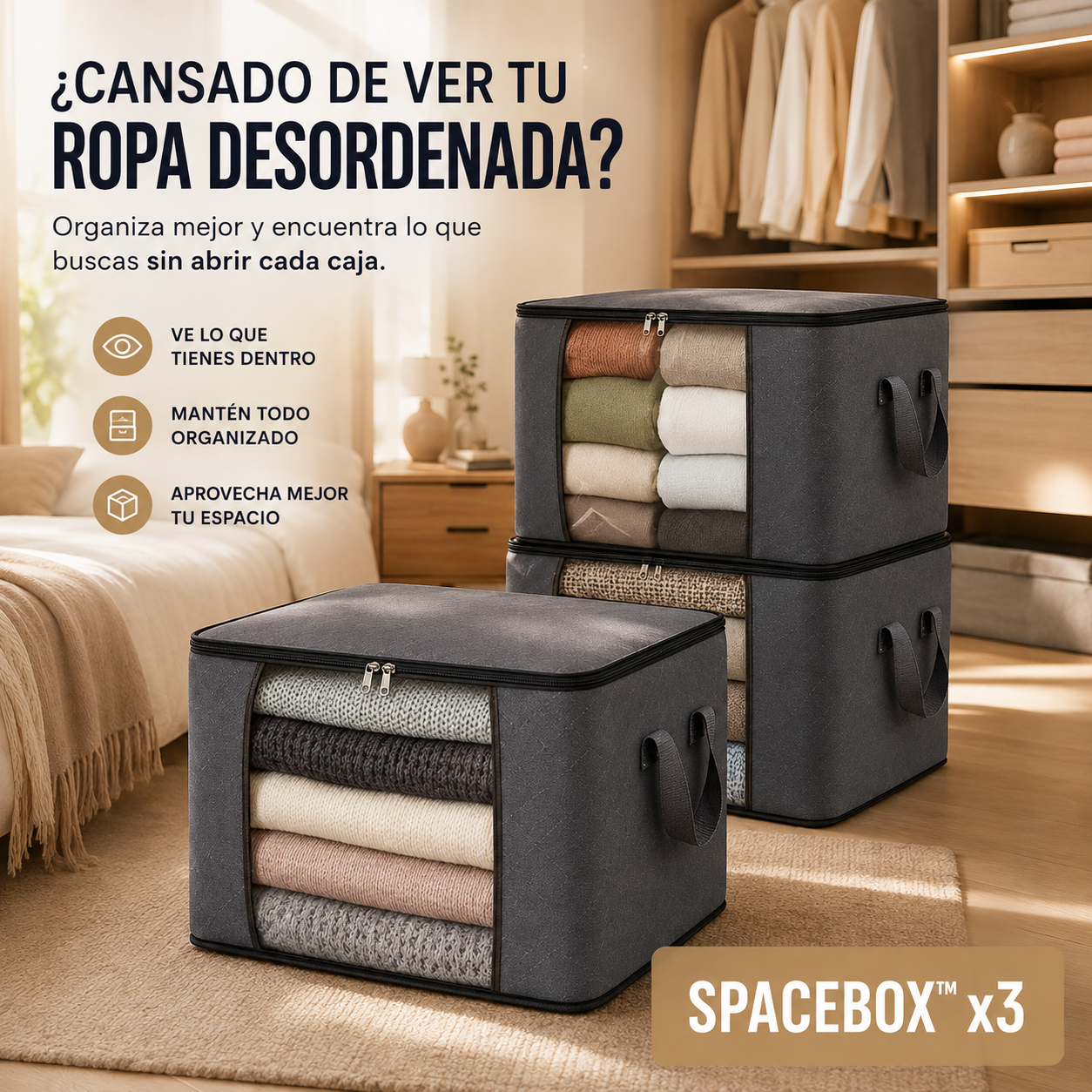 SPACEBOX™ x3 Ve tu ropa sin abrir la caja.